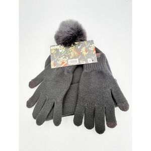 Ed Hardy Hat and Glove Set Charcoal Gray Faux Fur Pom Beanie Touch Fingers NEW